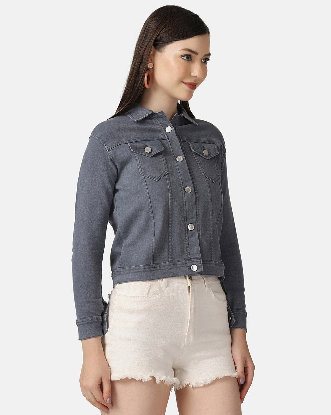 Women's Grey Denim Jacket Right View - Ace Cart