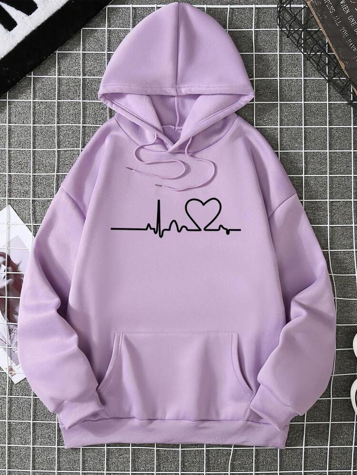 Heart Beat Light Purple Fleece Full Sleeves Pull Over Hoodie For Women