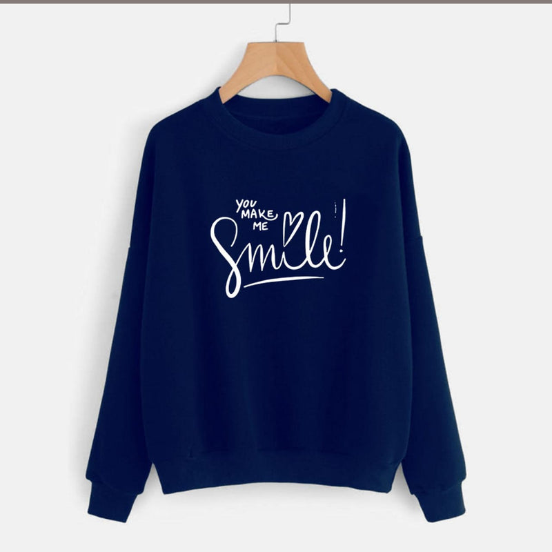 You Make Me Smile Printed Fleece Full Sleeves Pull Over Sweatshirt For Women