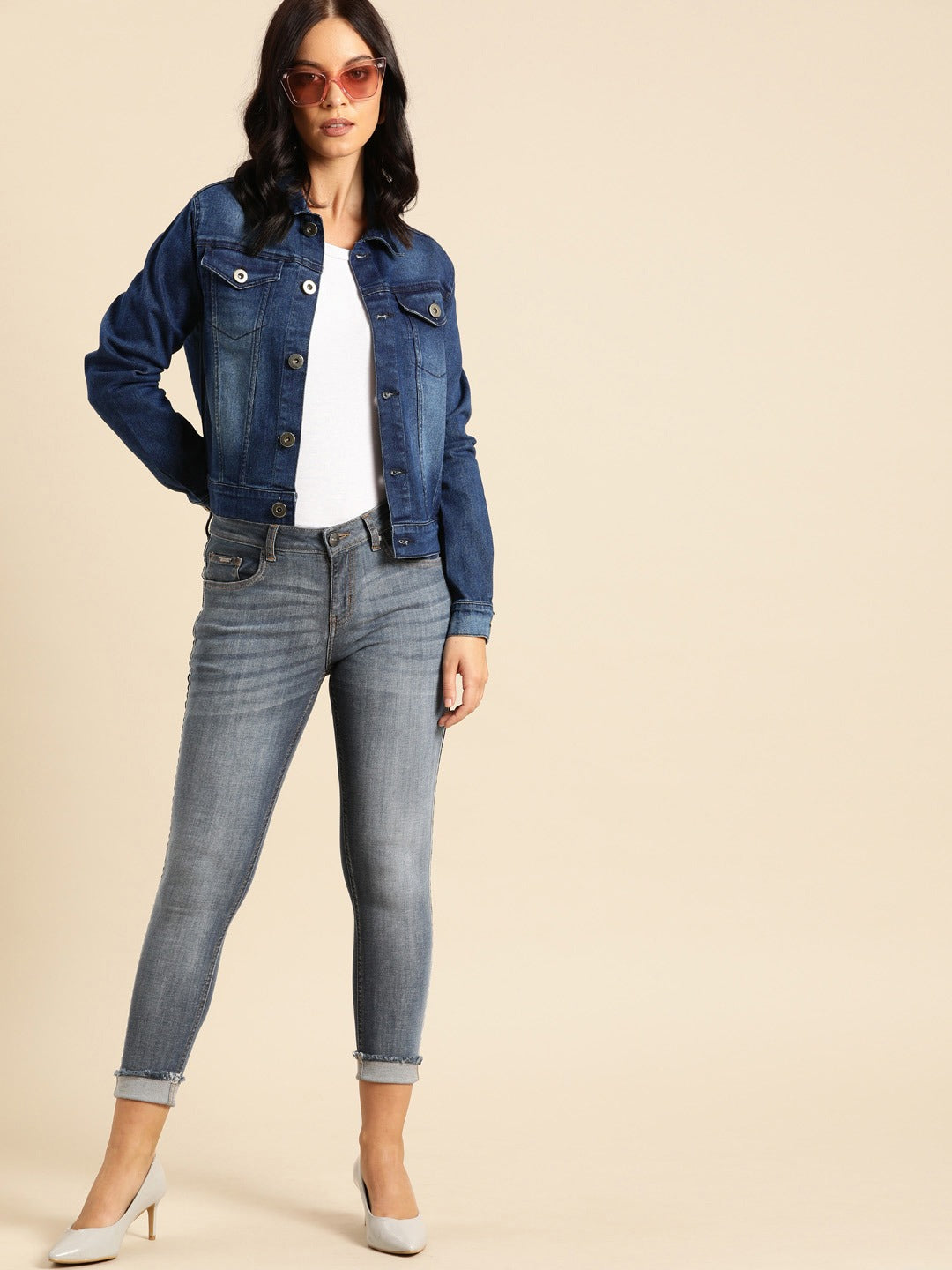 Women Dark Blue Washed Jacket  - Front View - Available in Sizes M