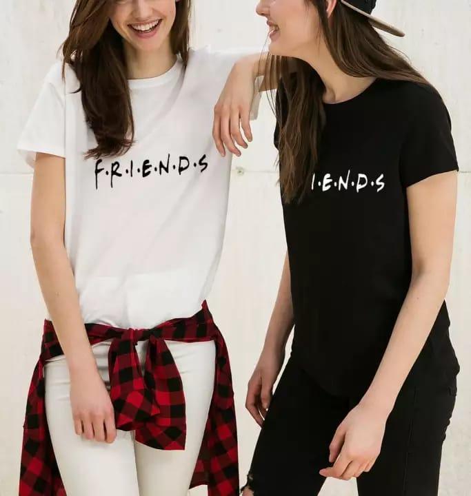 Pack of 2 - Black and White Friends Cotton Printed T-Shirts For Women - Front View - AceCart