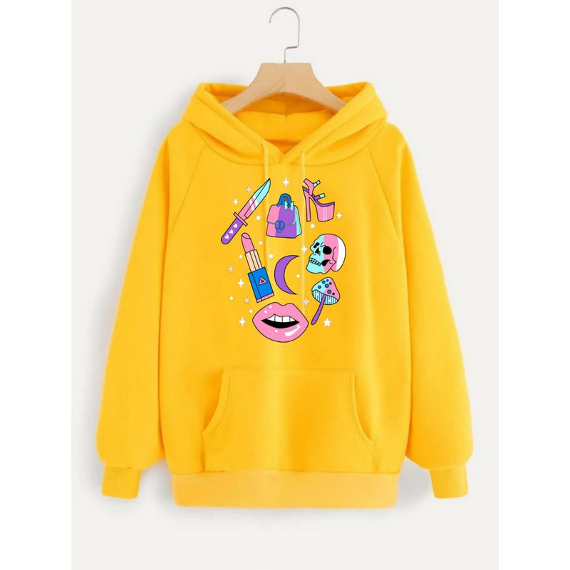 Make Up Printed Fleece Full Sleeves Pull Over Hoodie For Women