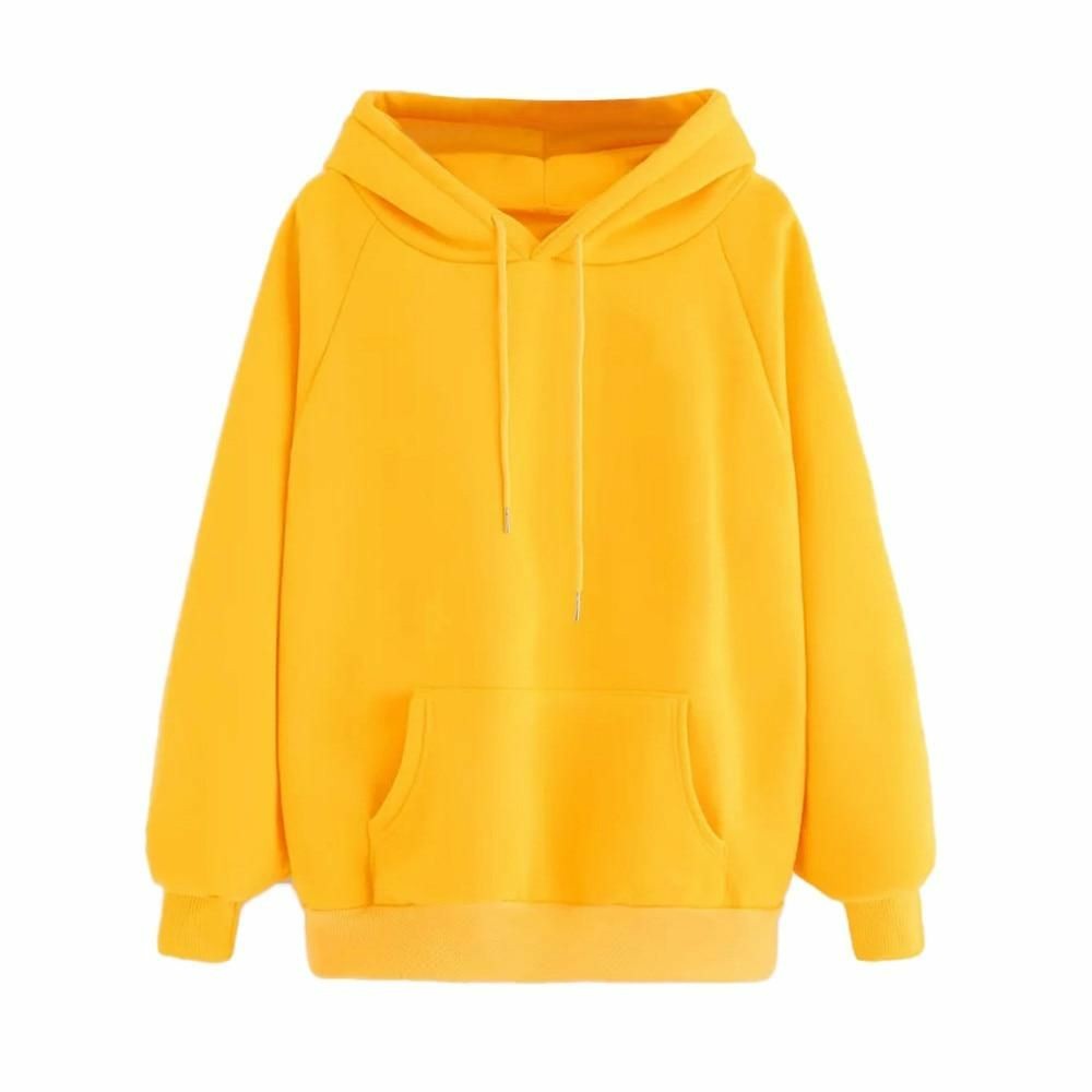 Yellow Plain Fleece Full Sleeves Pull Over Hoodie For Women