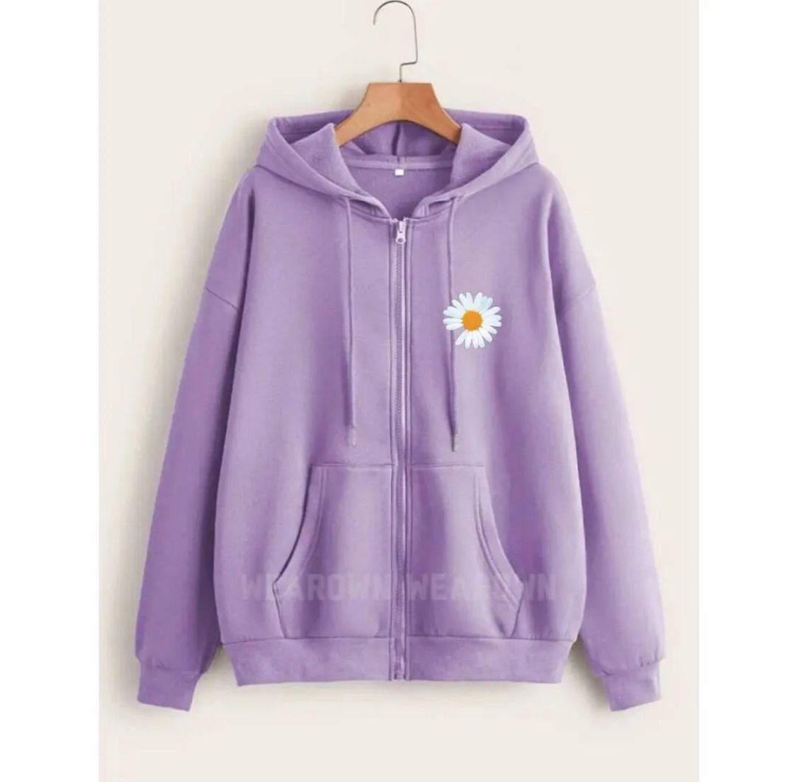 Light Purple Daisy Fleece Full Seeves Zipper Hoodie For Women