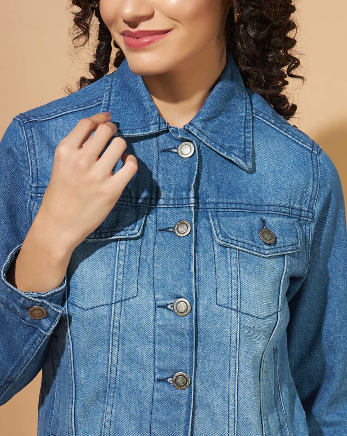 Women Printed Denim Jacket Close View