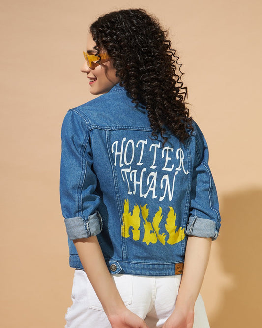 Women Printed Denim Jacket Back View - Ace Cart