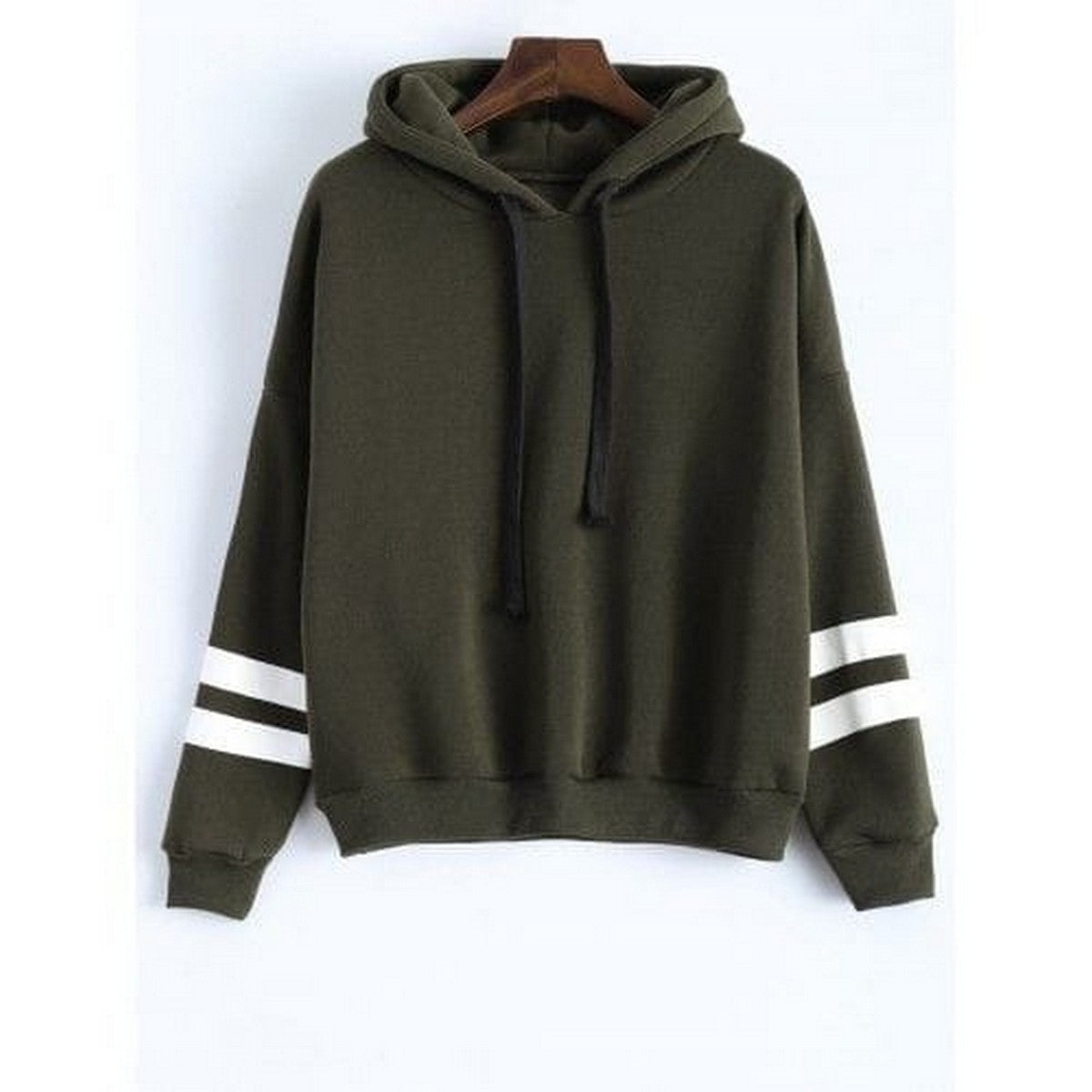 Olive Green Stripes Printed Fleece Full Sleeves Pull Over Hoodie For Women