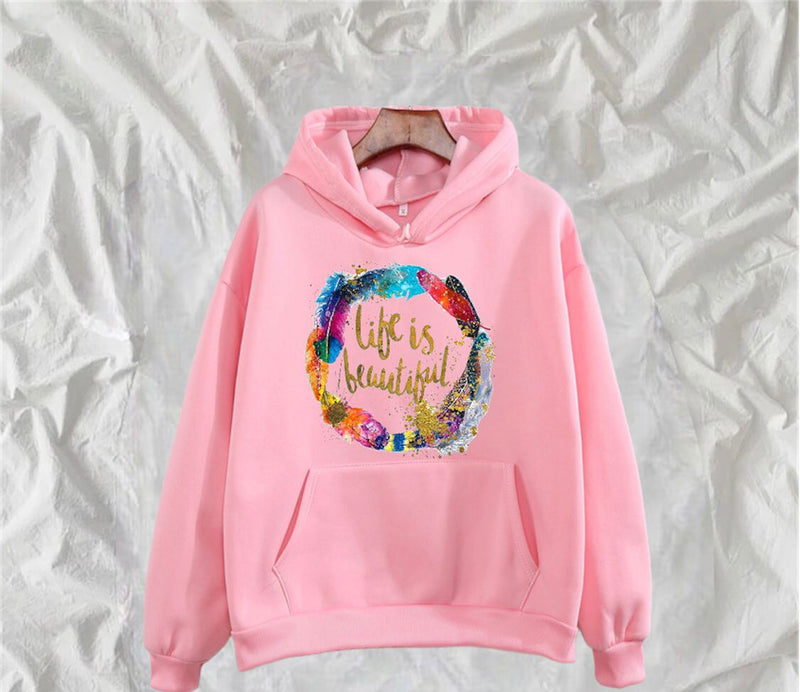 Life Is Beautiful Printed Fleece Full Sleeves Pull Over Hoodie For Women