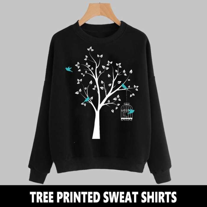 TREE PRINTED SWEAT SHIRT - AceCart Warm Hooded Sweatshirt in Black