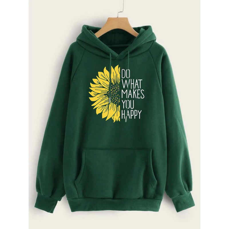 Do WHat Makes You Happy Printed Fleece Full Sleeves Pull Over Hoodie For Women