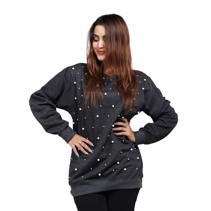 Dark Grey Pearl Embellished Sweatshirt For Women - AceCart Warm Hooded Sweatshirt in Grey