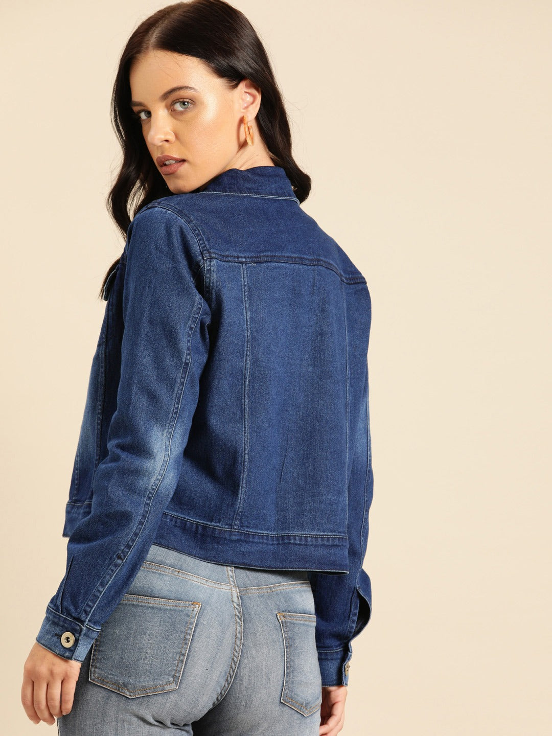 Women Dark Blue Washed Jacket  - Front View - Available in Sizes XL