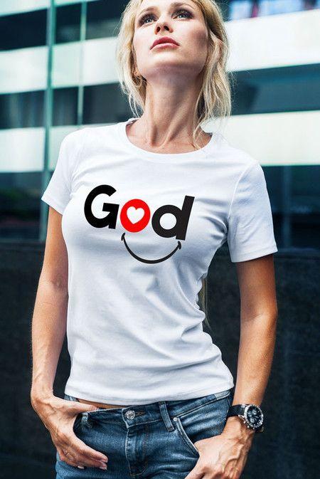 GOD Letter Printed T-Shirt For Elegant Women - Front View - AceCart