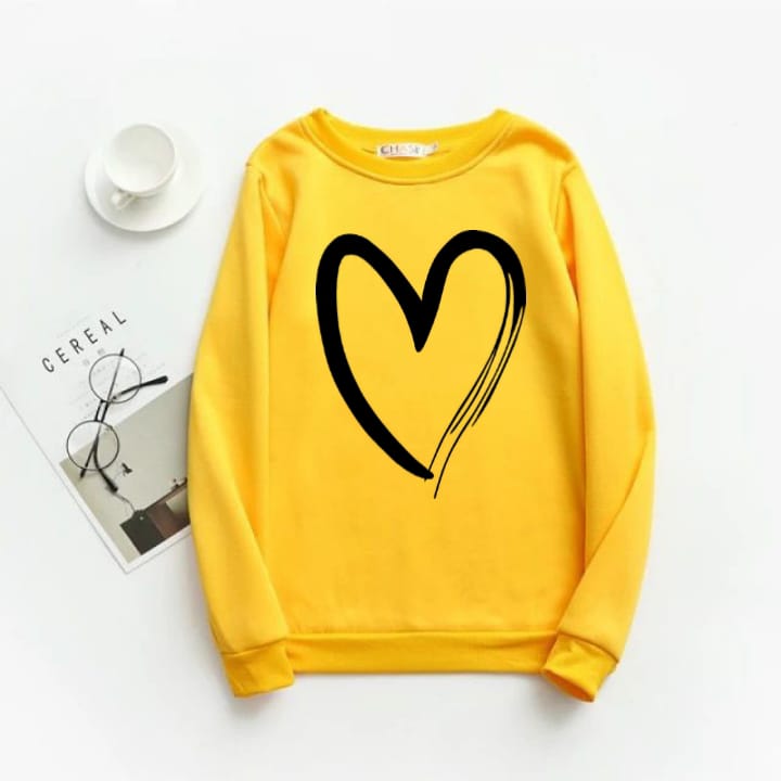 Yellow Sketch Heart Fleece Full Sleeves Sweatshirt For Women