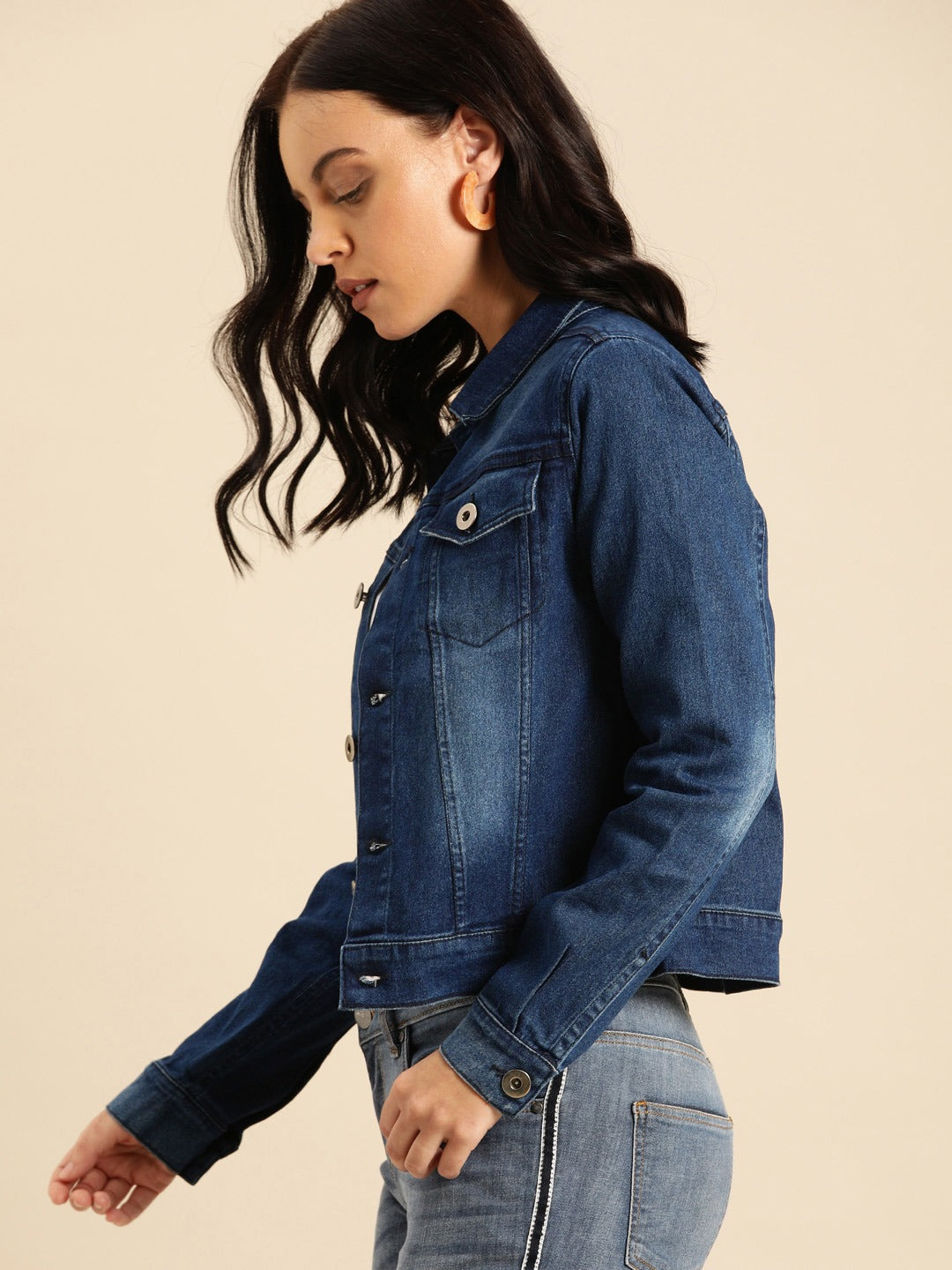 Women Dark Blue Washed Jacket  - Front View - Available in Sizes L