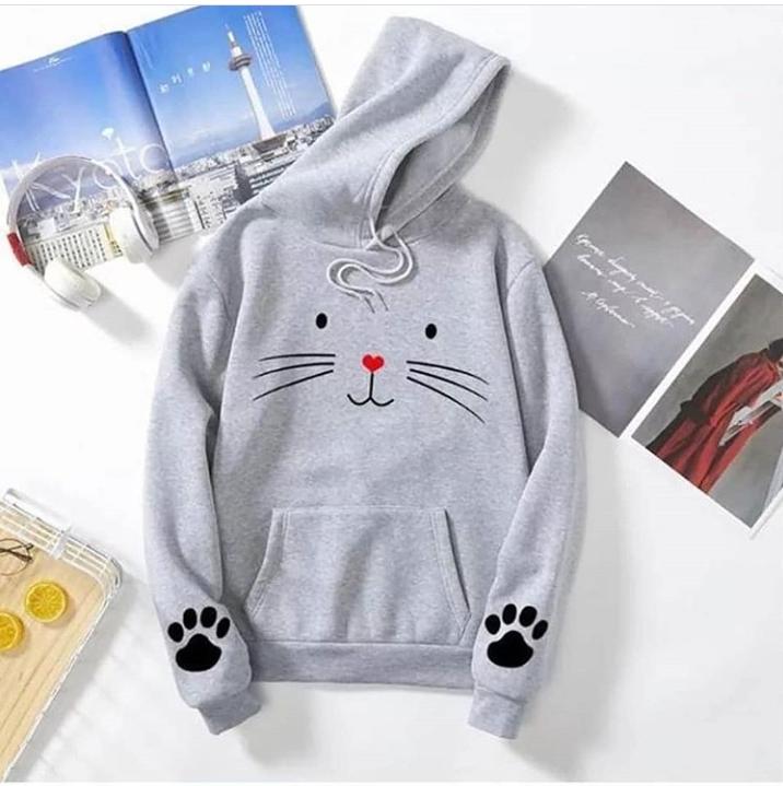 Cat Printed Fleece Full Sleeves Pull Over Hoodie For Women