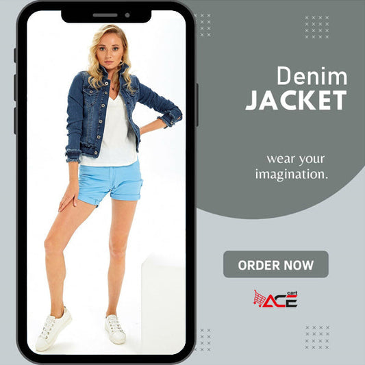 Best Quality Stretchable Denim Jacket for Women By Ace Dark Blue - Front View