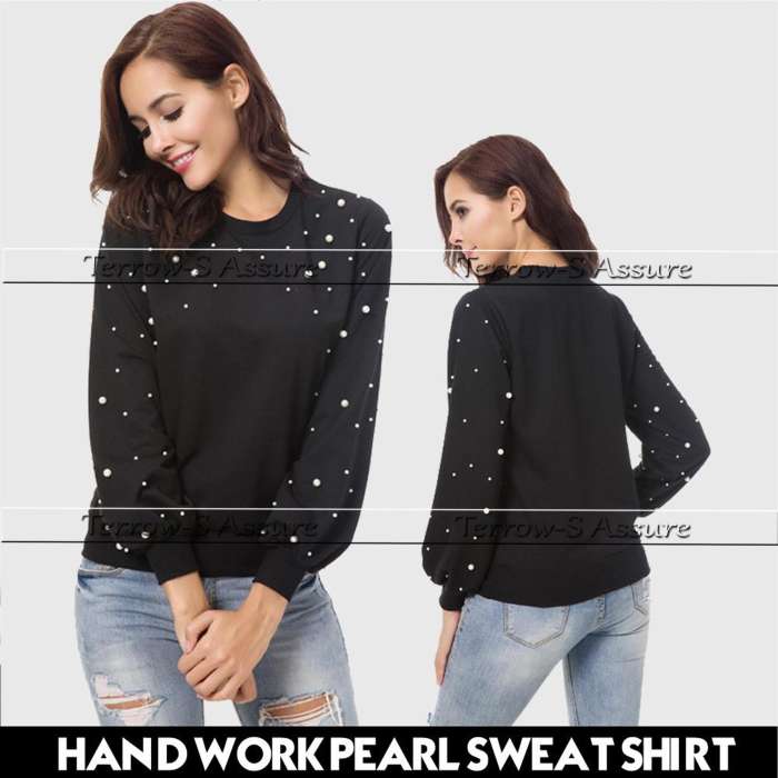 TS HAND WORK PEARL SWEAT SHIRTS - AceCart Warm Hooded Sweatshirt in Black