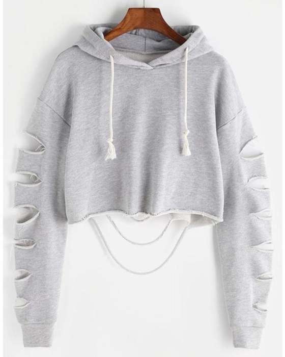 GREY DAMAGE CROPPED HOODIE FOR womens - AceCart Warm Hooded Sweatshirt in Grey