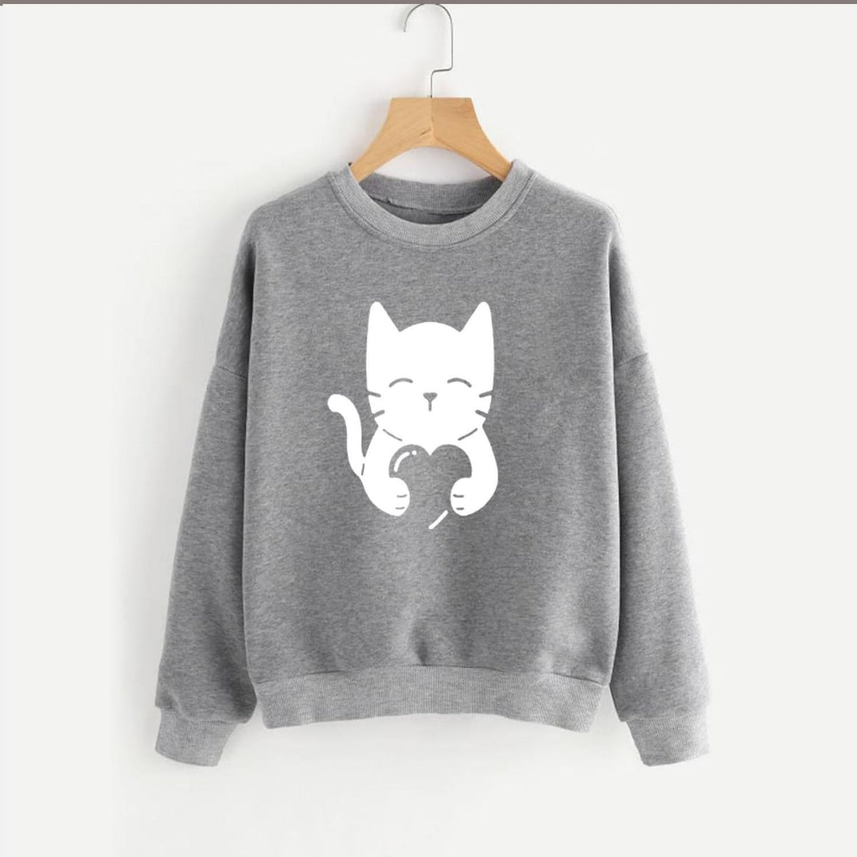 Cute Cat Printed Fleece Full Sleeves Pull Over Sweatshirt For Women