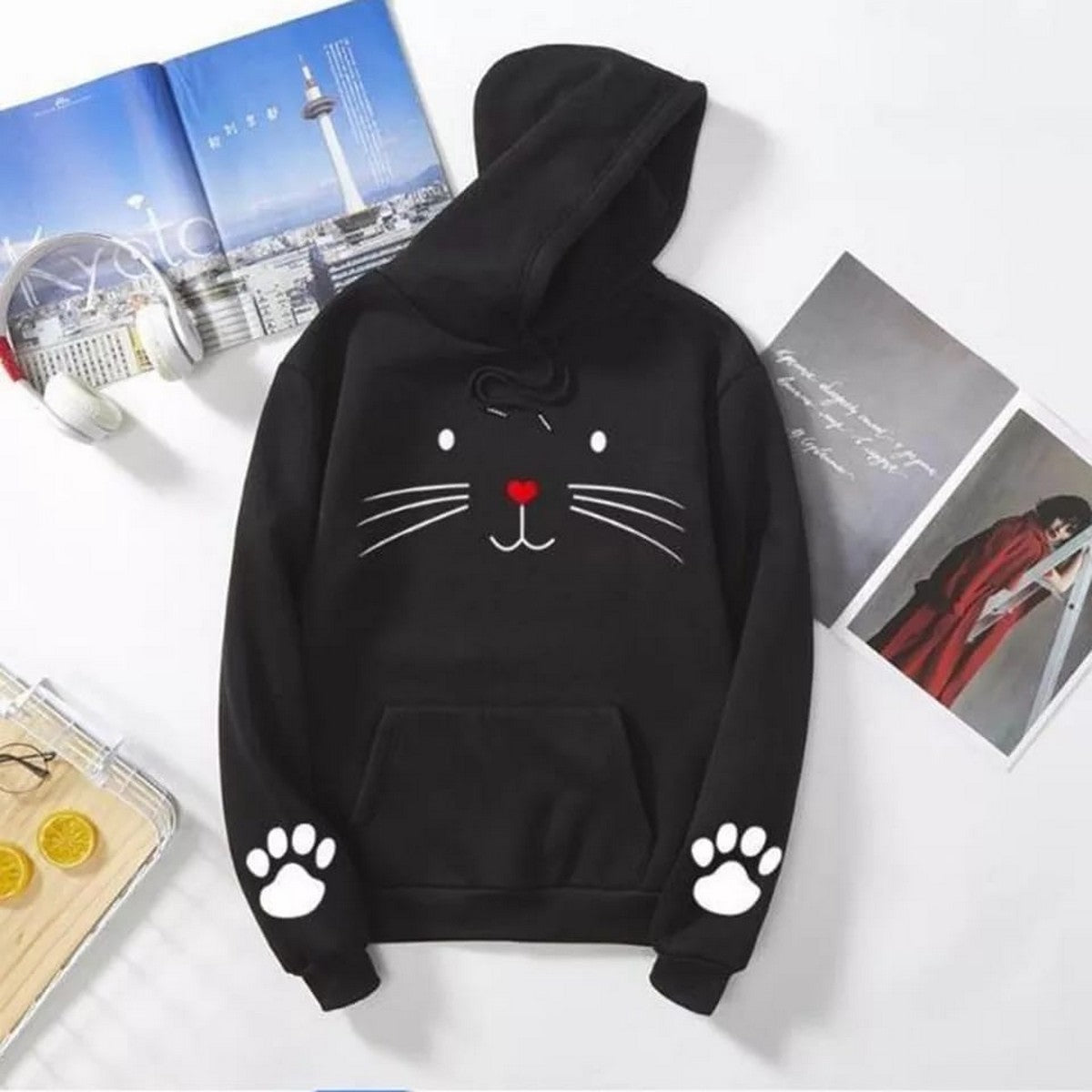 Cute Cat Pow Sleeve Print Fleece Full Sleeves Pull Over Hoodie For Women