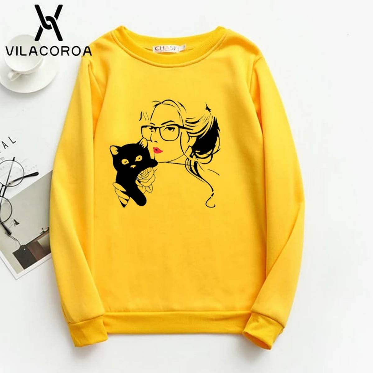 Cat Lover Printed Fleece Full Sleeves Pull Over Sweatshirt For Women