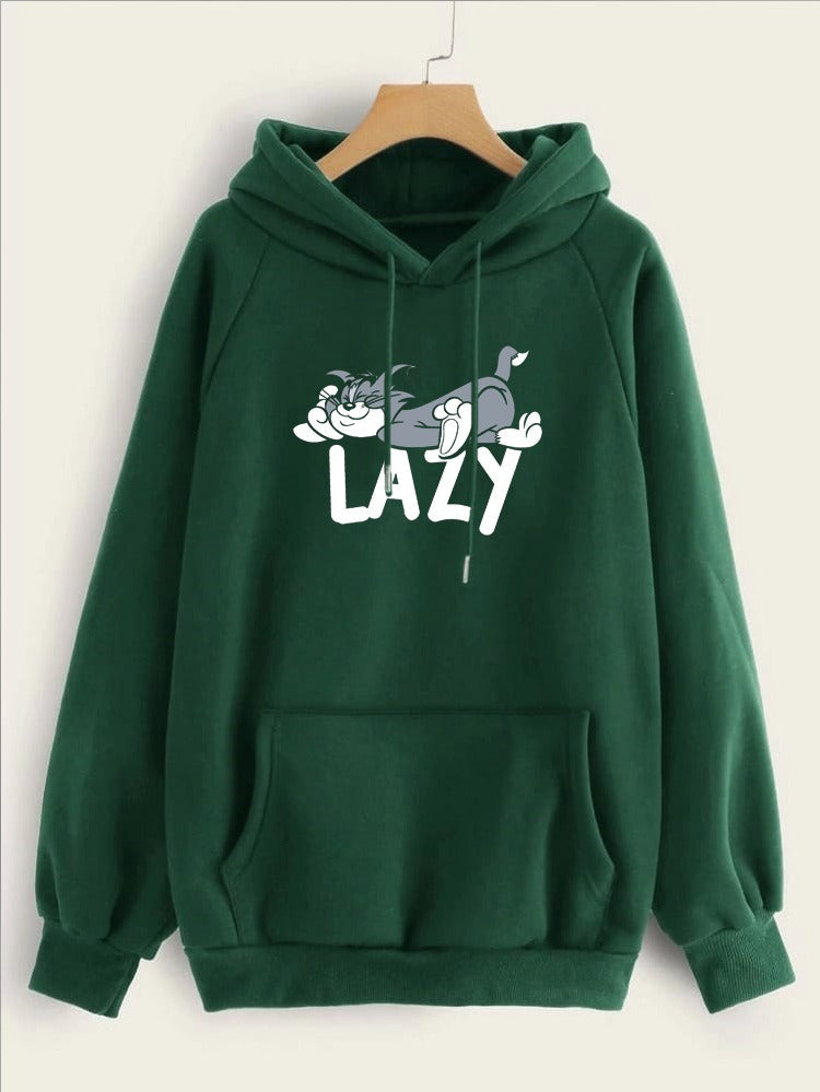 Lazy Tom Printed Fleece Full Sleeves Pull Over Hoodie For Women