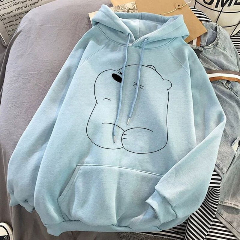 Bear Sky Blue Fleece Full Sleeves Pull Over Hoodie For Women