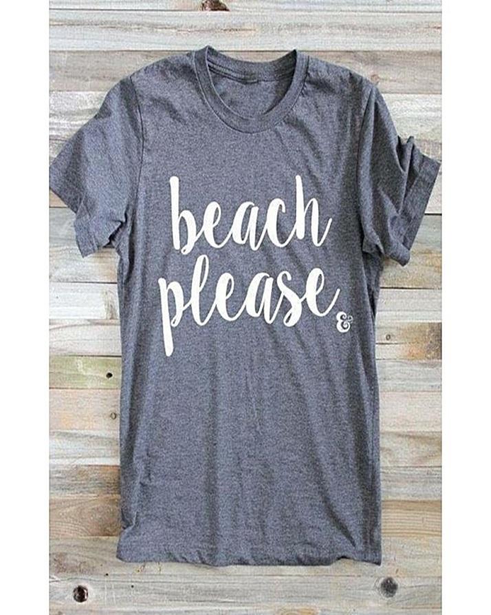 Charcoal Grey Beach Please Cotton Printed T-Shirt For - Front View - AceCart