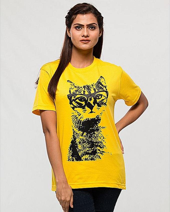 Yellow Cat Cotton Printed T-Shirt For Women - Front View - AceCart