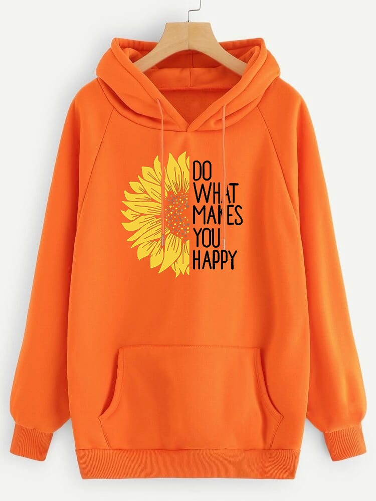 Do WHat Makes You Happy Printed Fleece Full Sleeves Pull Over Hoodie For Women