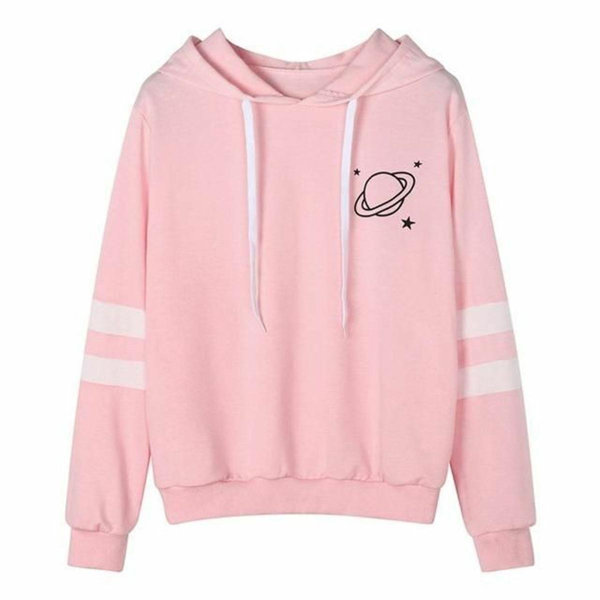 Pink Planet Printed Fleece Full Sleeves Pull Over Hoodie For Women