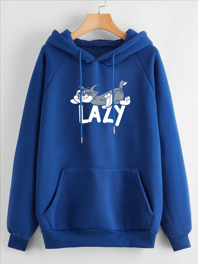 Lazy Tom Printed Fleece Full Sleeves Pull Over Hoodie For Women