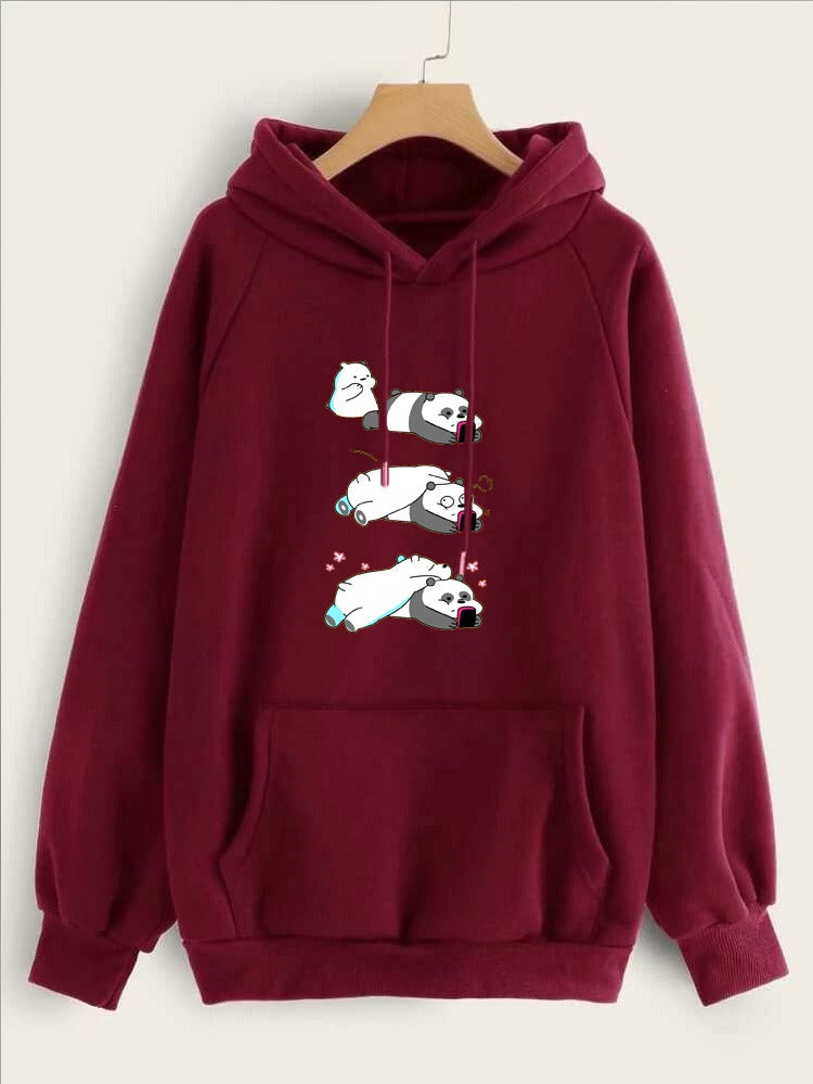 Lazy Bears Printed Fleece Full Sleeves Pull Over Hoodie For Women