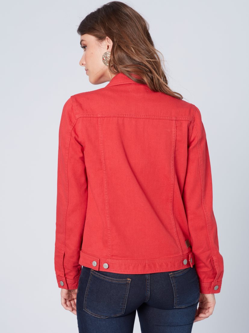 Women Red Solid Jacket  - Front View - Available in Sizes L