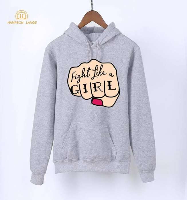 Fight Like A Printed Casual Fleece Hoodies Kangaroo Hoodie - AceCart Warm Hooded Sweatshirt in Grey