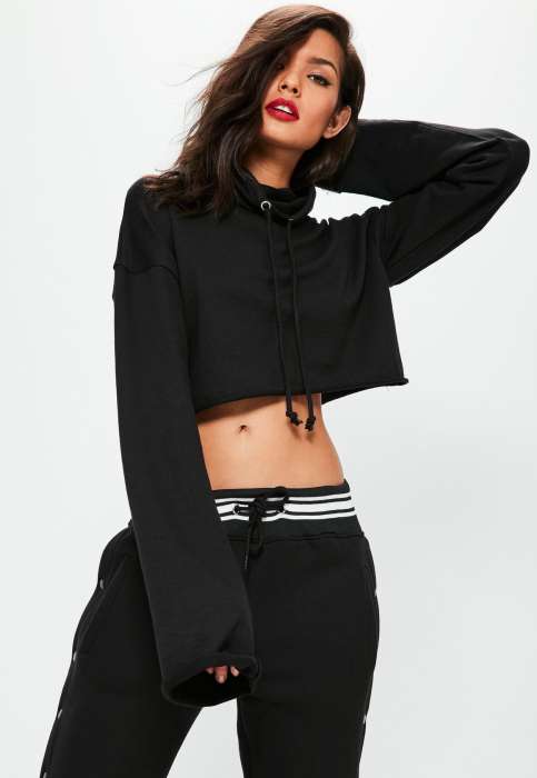 Virgen Mango Fleece Cotton Plain Crop Pull Over Hoodie - AceCart Warm Hooded Sweatshirt in Black