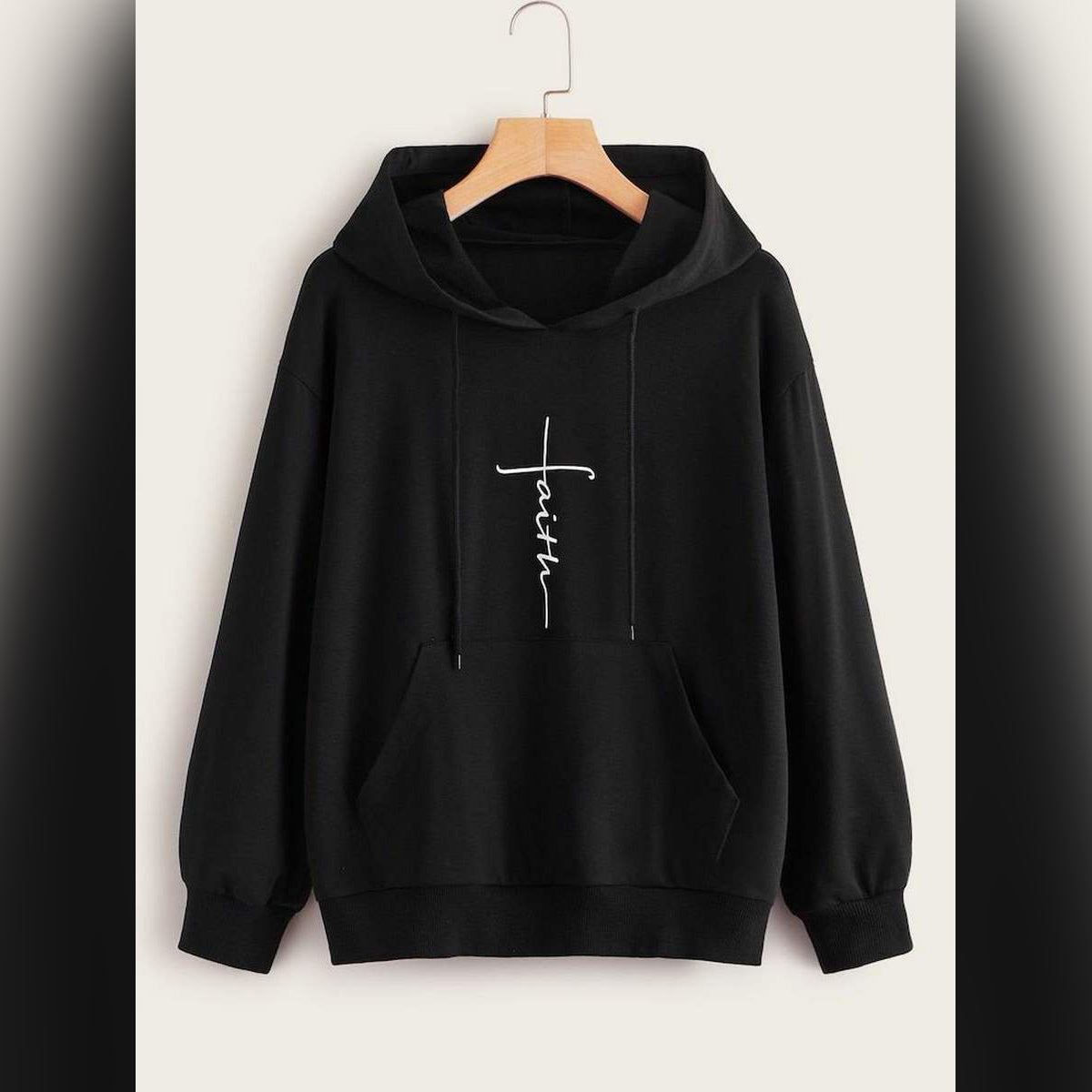 Black Faith Printed Fleece Full Sleeves Pull Over Hoodie