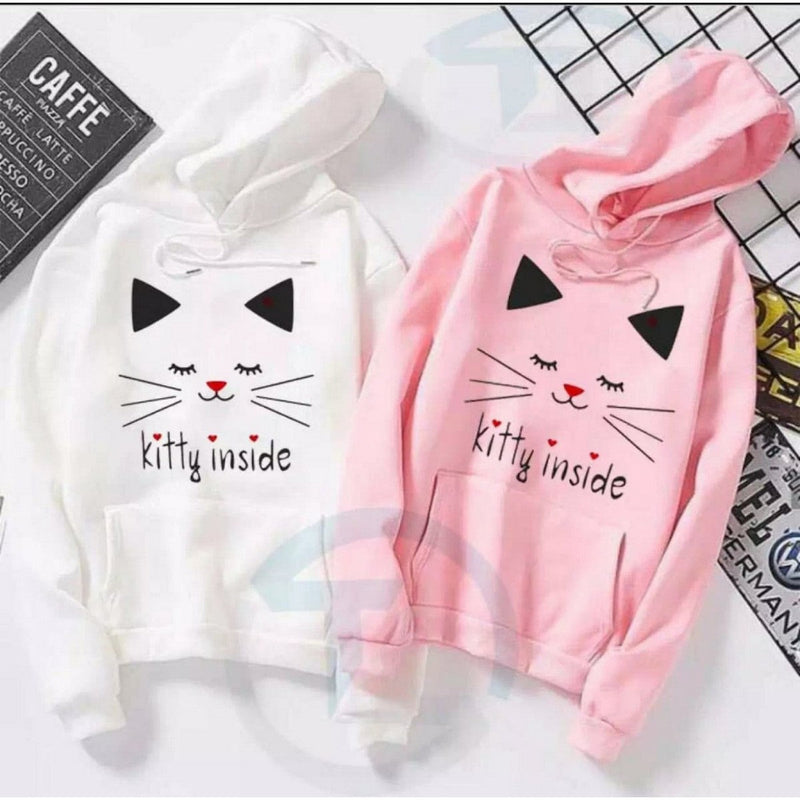 Kitty Inside Printed Fleece Full Sleeves Pull Over Hoodie For Women