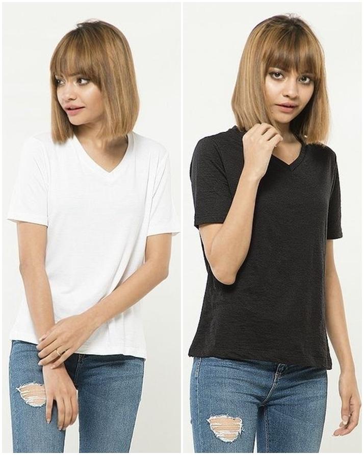 Pack of 2 - White and Black Cotton V-Neck T-Shirts For Women - Front View - AceCart