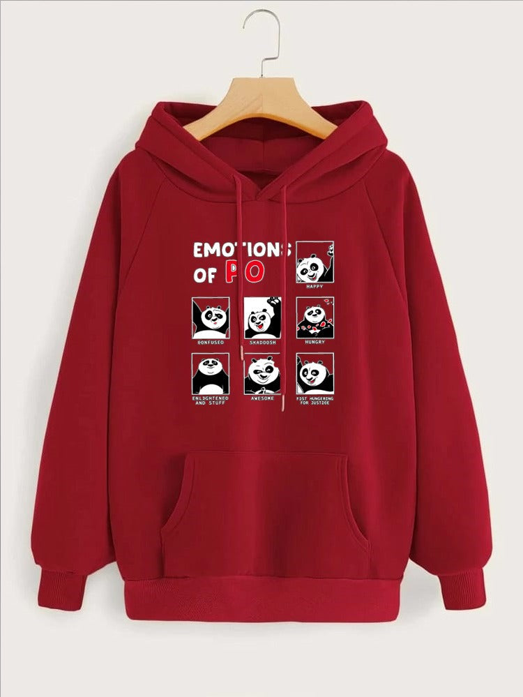 Emotions Of Panda Printed Fleece Full Sleeves Pull Over Hoodie For Women