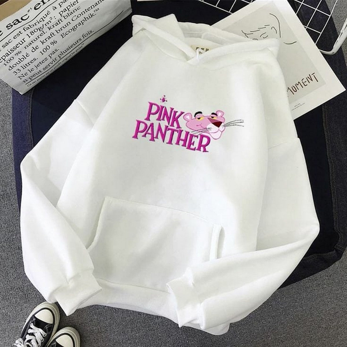 White Pink Panther Fleece Full Sleeves Pull Over Hoodie For Women