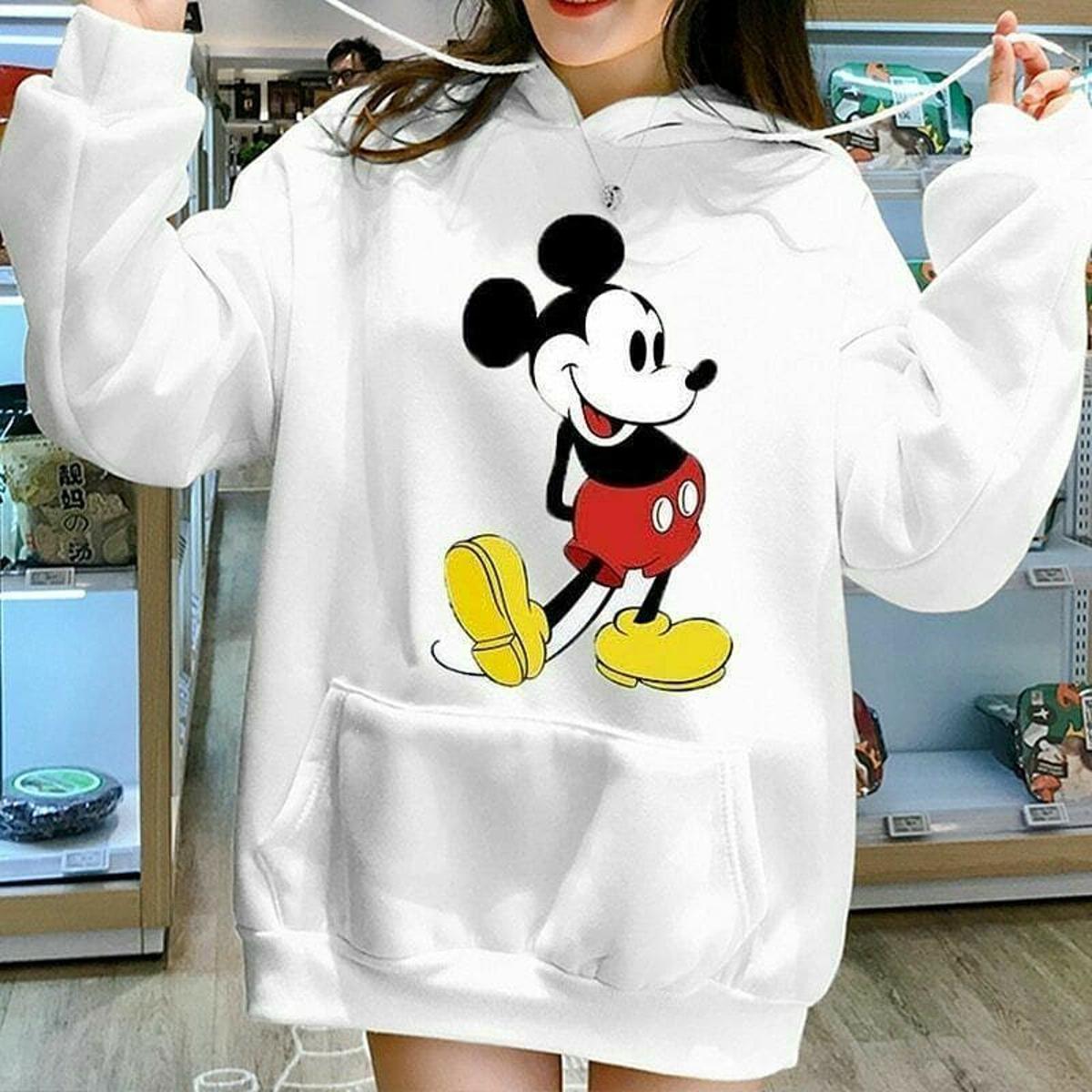 White Mickey Mouse Fleece Full Sleeves Pull Over Hoodie For Women