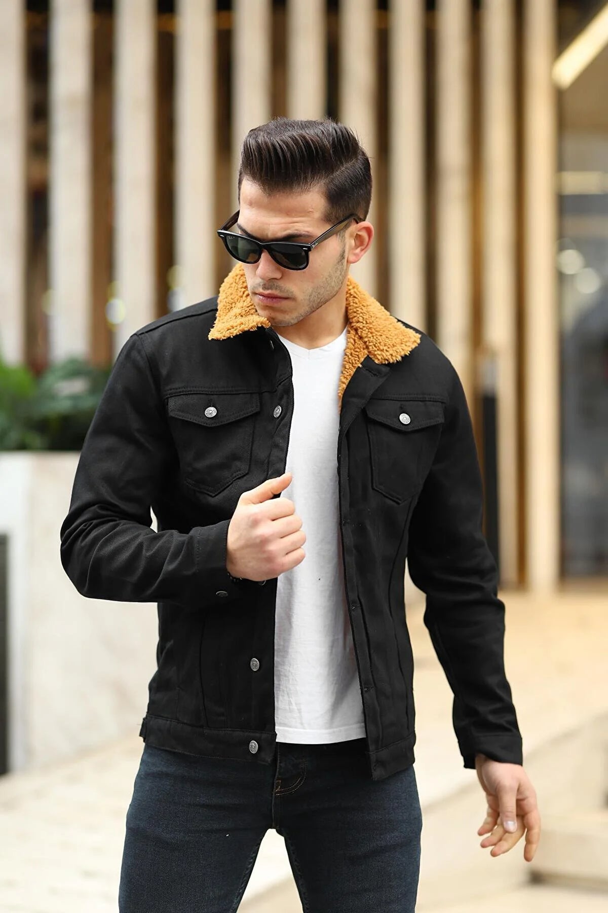 Black denim jacket with black fur online