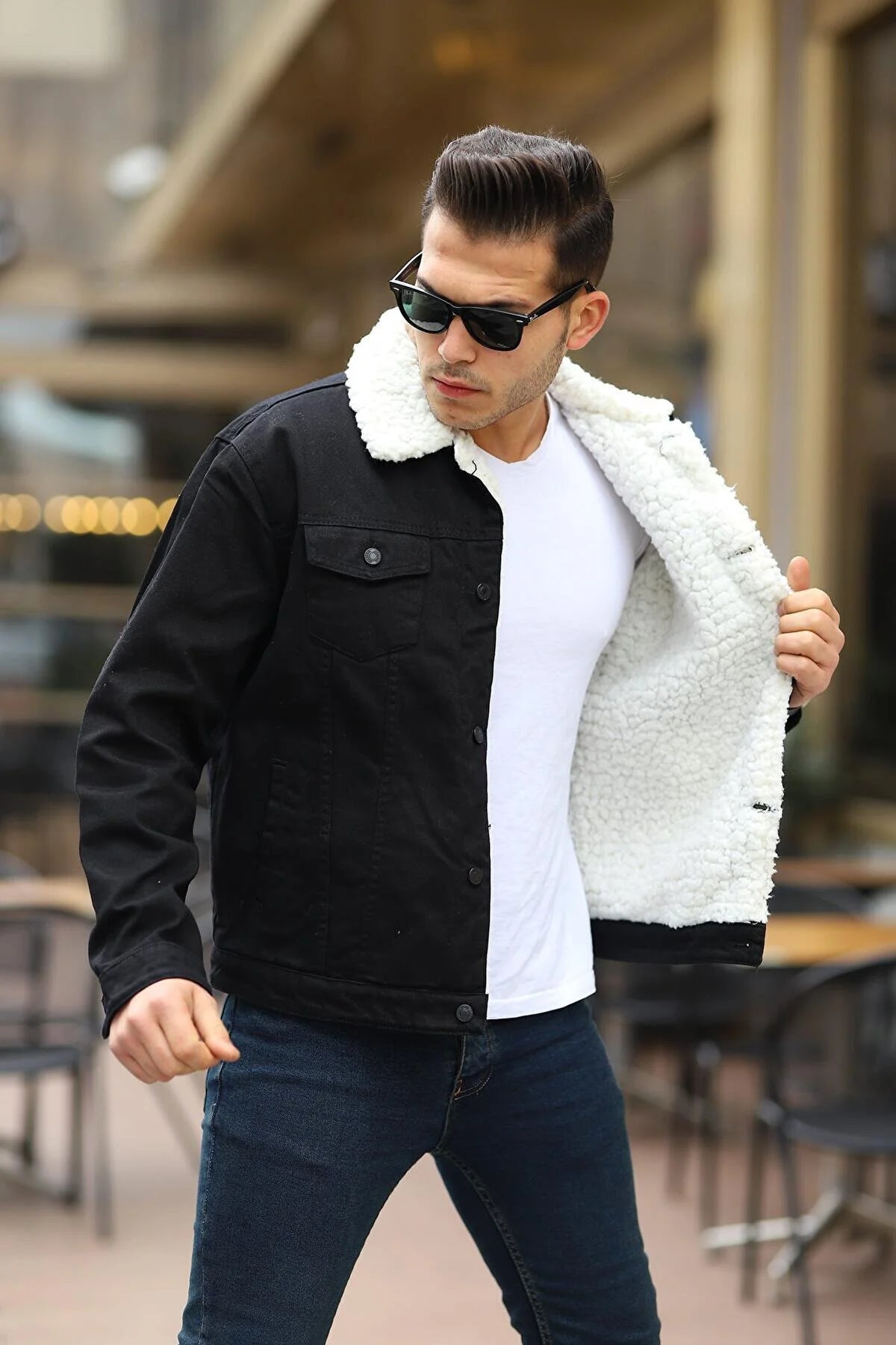 Black denim white fur jacket on sale