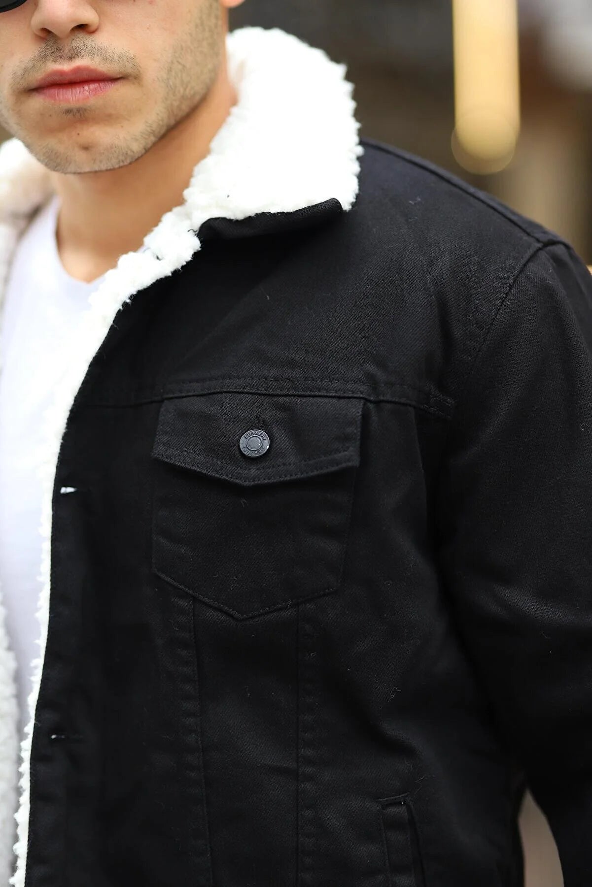 Black Denim Jacket With White Fur Close up - Ace Cart