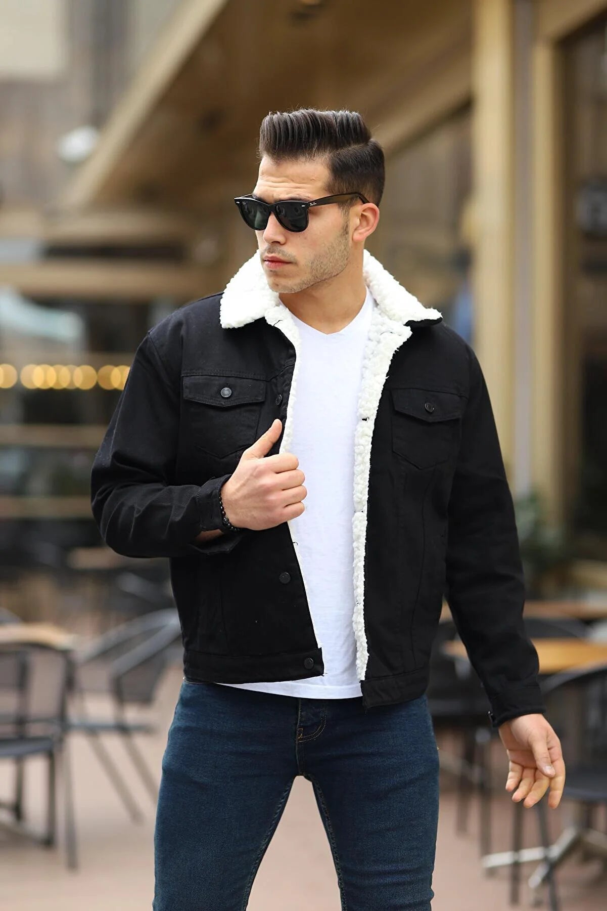 Black Denim Jacket With White Fur - Ace Cart