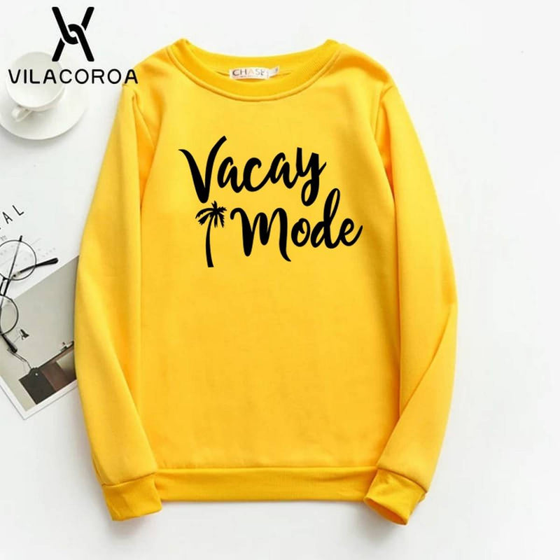 Vacation Mode Printed Fleece Full Sleeves Pull Over Sweatshirt For Women