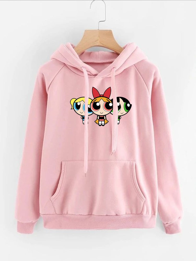 Powerpuff Girls Printed Fleece Full Sleeves Pull Over Hoodie For Women