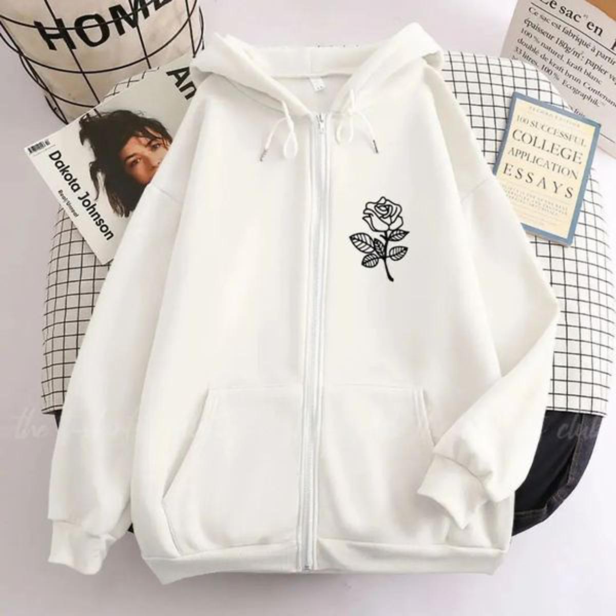 White Rose Fleece Full Seeves Zipper Hoodie For Women